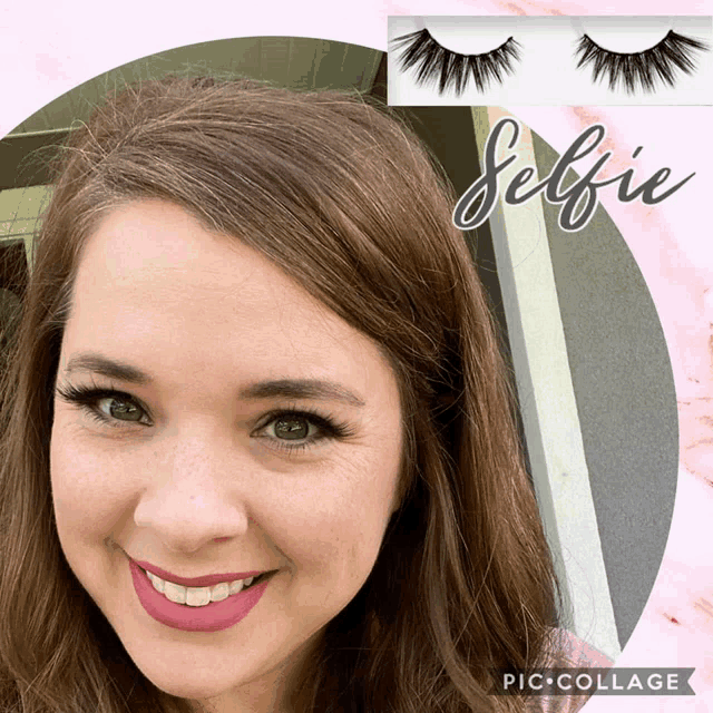a picture of a woman with a pair of false eyelashes and the word selfie on the bottom