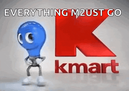 a blue light bulb is standing in front of a kmart logo .