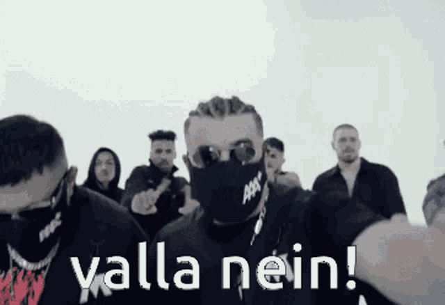 a man wearing a mask and sunglasses is standing in front of a group of people and says valla nein .