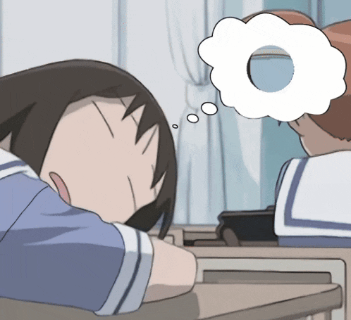 a cartoon of a girl sleeping with a thought bubble over her head