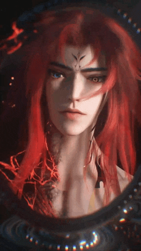 a man with long red hair and a tattoo on his face is looking at himself in a mirror .