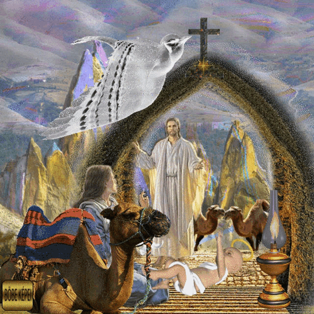 a painting of jesus and a baby with a sign that says bobe kepen