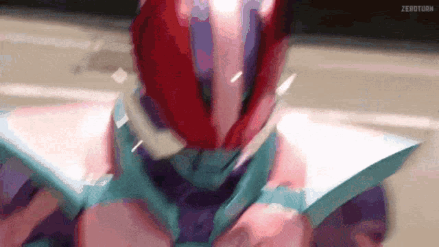 a close up of a person wearing a red helmet