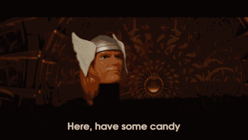 a cartoon character says here have some candy in a dark room