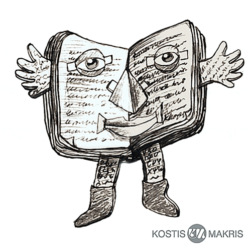 a drawing of a book with arms and legs is sponsored by kostis