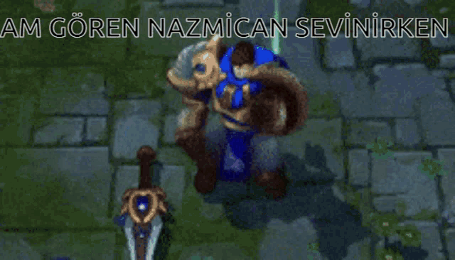a video game character with the words am goren nazmican sevinirken