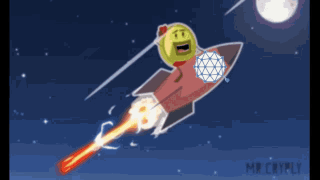 a cartoon of a rocket with a smiley face on it and the words mr cryptly on the bottom