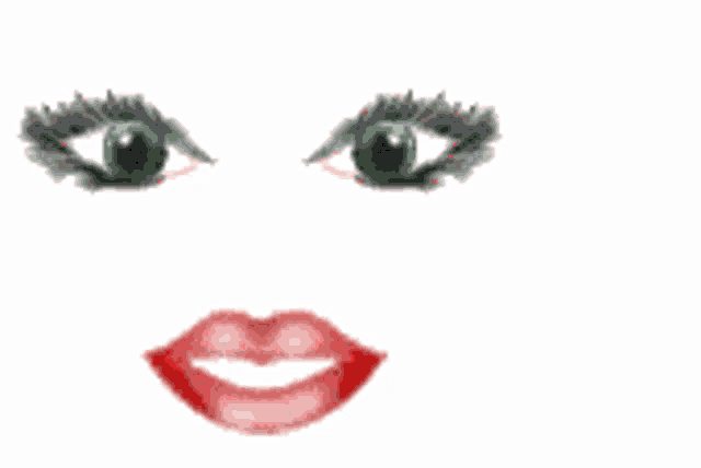 a woman 's face with green eyes and red lips and two red hearts behind her