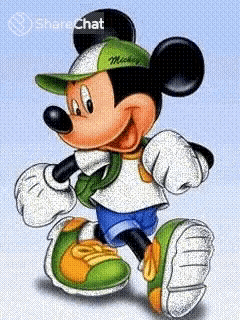 a cartoon of mickey mouse wearing a hat and a backpack