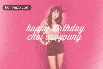 a woman is standing in front of a pink background that says happy birthday choi son young