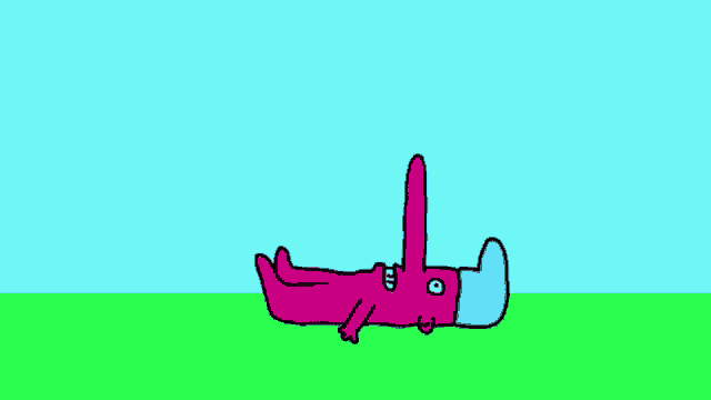 a cartoon of a pink monster laying on its back with a long stick sticking out of it 's mouth .