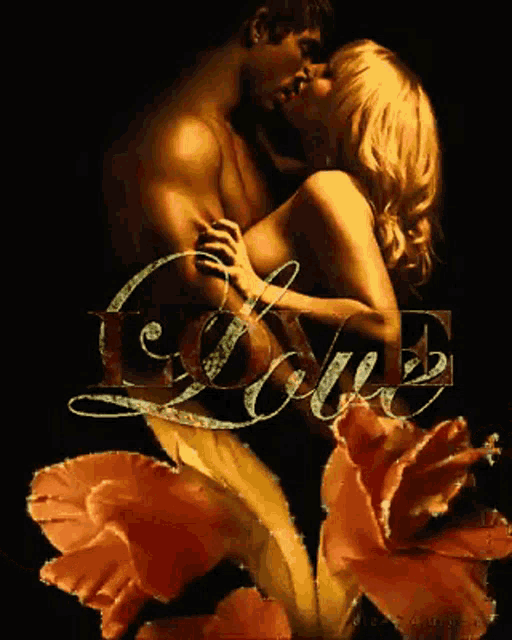 a painting of a man and woman kissing with the word love behind them