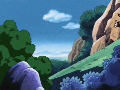 a cartoon drawing of a landscape with trees and rocks