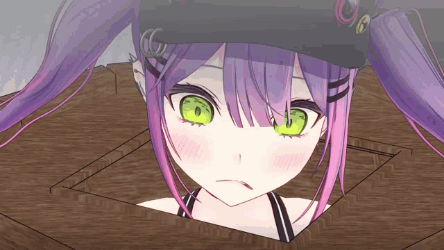 a girl with purple hair and green eyes looks out of a hole in a box