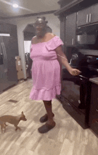 a woman in a pink dress is standing in a kitchen with a dog .