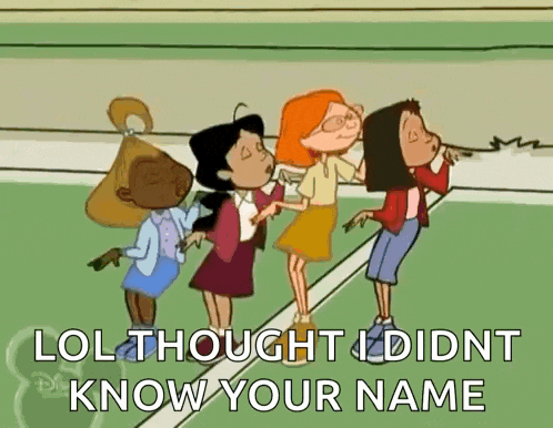 a group of cartoon girls standing next to each other with the words lol thought i didn 't know your name on the bottom