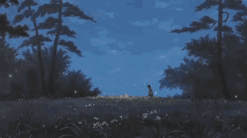 a person is standing in a field with fireflies flying around them at night .