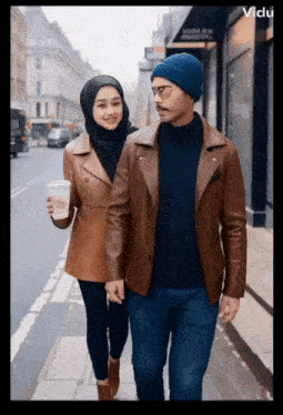 a man and a woman are walking down a sidewalk with a cup of coffee