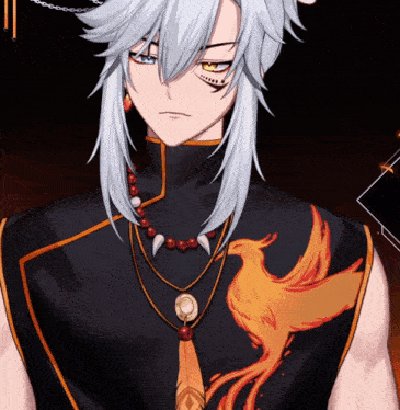 a man with long white hair is wearing a black shirt with a bird on it
