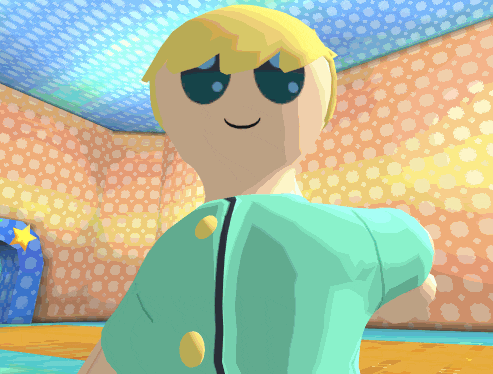 a cartoon character with blonde hair and blue eyes is standing in front of a wall with polka dots
