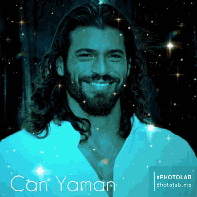 a picture of a man with long hair and a beard with the name can yaman