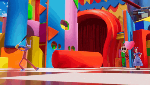 a colorful cartoon scene with a bunny holding a bat and a balloon