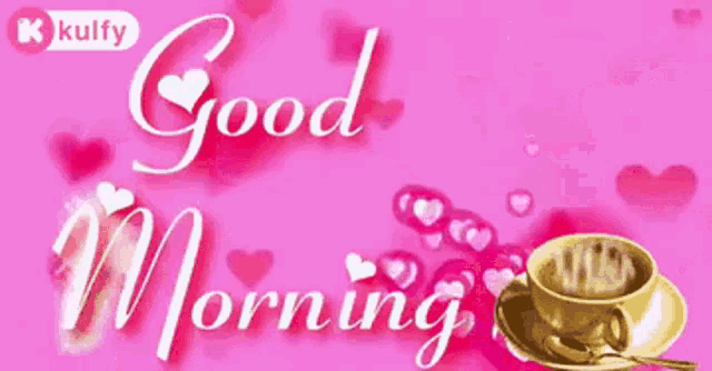 a pink background with the words good morning and a cup of coffee on a saucer