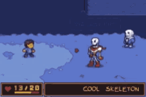 a video game with a cool skeleton talking to frisk and sans