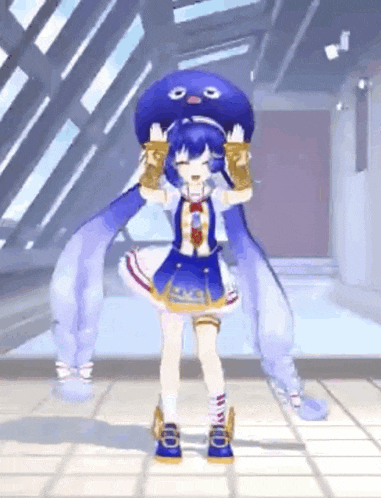 a girl in a blue dress is dancing in a room with a blue octopus on her head .