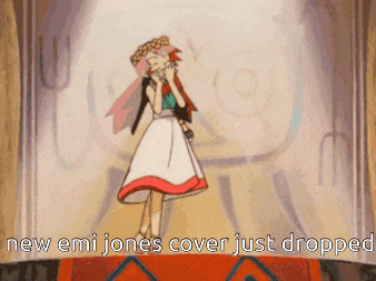 a cartoon of a girl singing with the words new emi jones cover just dropped below her