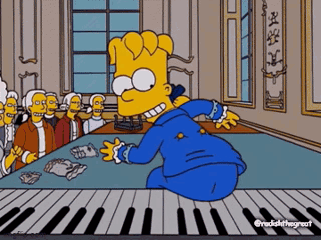 bart simpson playing a piano in front of a crowd