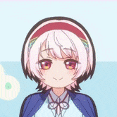 a girl with white hair and red eyes is wearing a blue jacket and a headband .