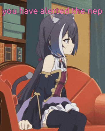 a cat girl sits on a red couch with the words you have alerted the nep