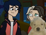 a couple of cartoon characters standing next to each other and a dog