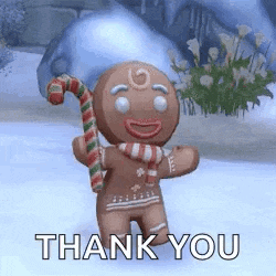 a gingerbread man is holding a candy cane in his hand and saying `` thank you '' .