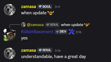 a screenshot of a text conversation between zamasa and soul