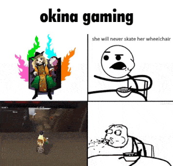 a cartoon of a dog sitting in a wheelchair with the words okina gaming