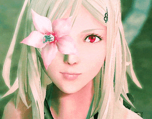 a close up of a woman with a pink flower in her hair