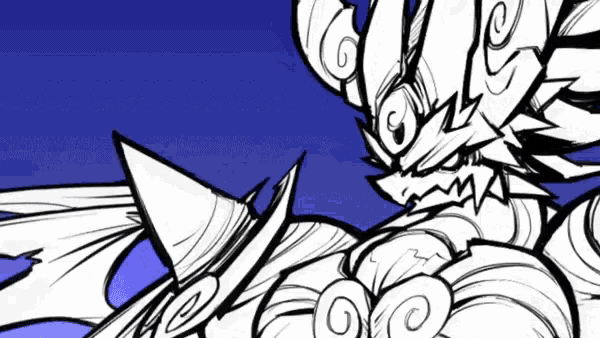 a black and white drawing of a monster with a blue sky in the background .