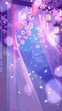 a purple curtain with pink flowers and lanterns on it