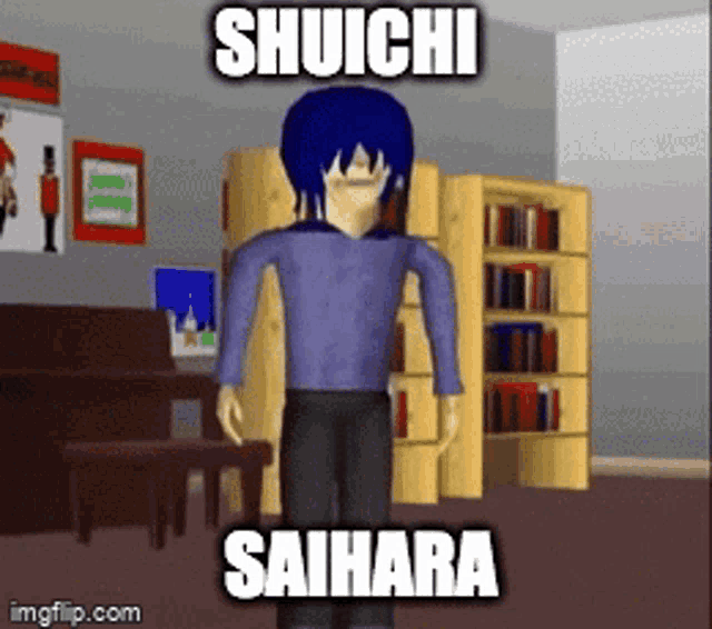 a cartoon character named shuichi saihara standing in a room