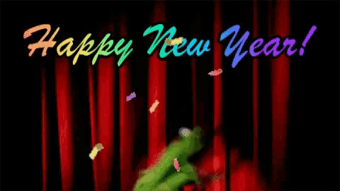 a happy new year greeting card with a green frog in front of red curtains