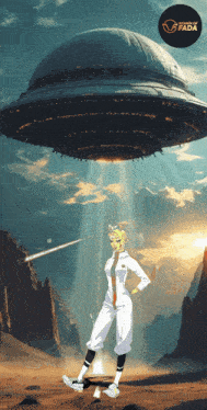 a cartoon of a woman standing in front of a flying saucer with the word fada on the bottom