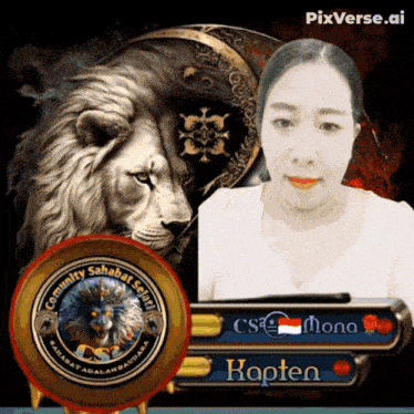 a picture of a woman and a lion with pixverse.ai written on the bottom