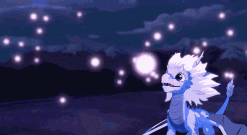 a blue and white dragon is standing in front of a purple sky