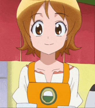 a cartoon girl wearing an apron with a circle on it