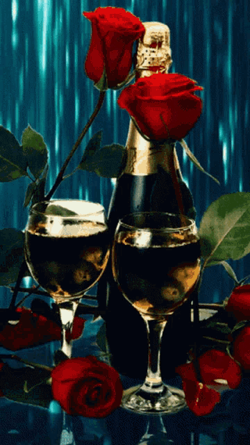 a bottle of champagne is surrounded by two glasses of wine and red roses