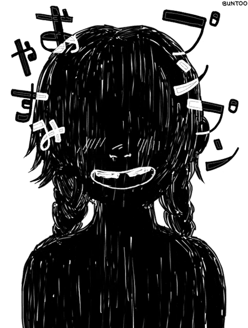 a black and white drawing of a girl with braids and the word buntoo underneath