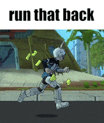 a cartoon character is running down a street and the words run that back are above him