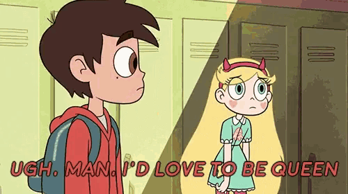 a cartoon of a boy and a girl with the words " ugh man i 'd love to be queen " above them